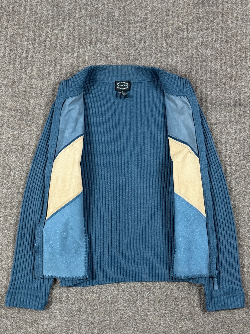 Vintage Blue Suede Leather Colorblock Zip Up Cardigan Sweater Jacket Women’s L - Picture 4 of 9